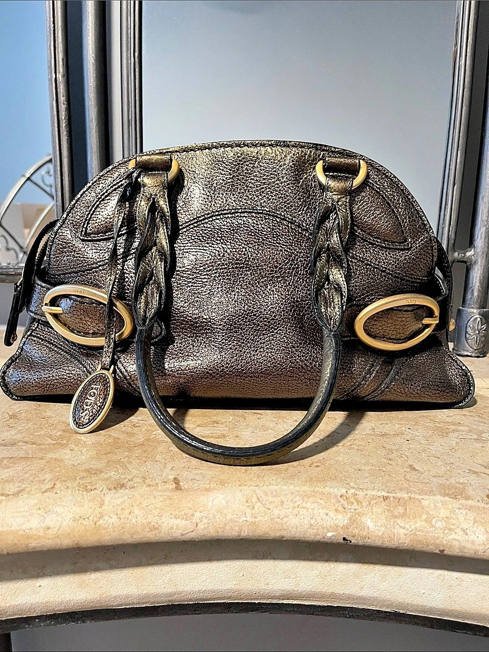 Vintage Tod’s Pebbled Shoulder Bag in pewter metallic leather